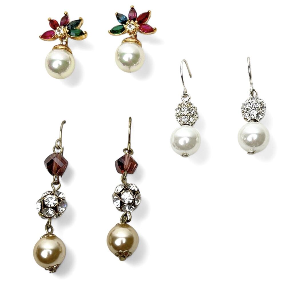 Pierced Dangle Earrings Lot 3 Rhinestones Faux Pearl Colored Stones Sparkly Drop